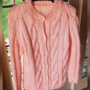 Vintage Handmade Cable Knit Light Pink Button-down Sz. L Sweater Cardigan